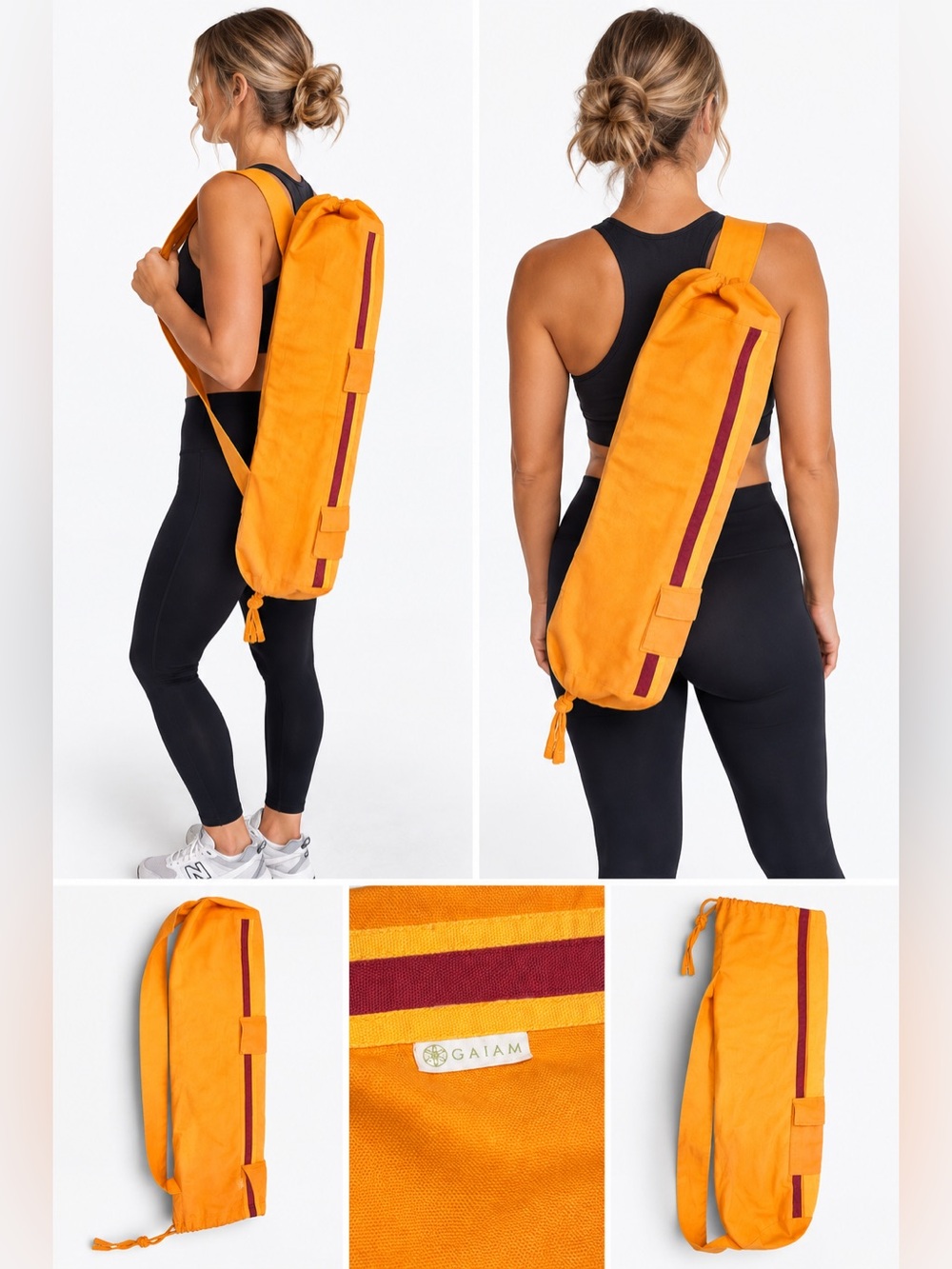 Gaiam Orange Yoga Mat Bag Sling Carrier with Burgundy Stripe